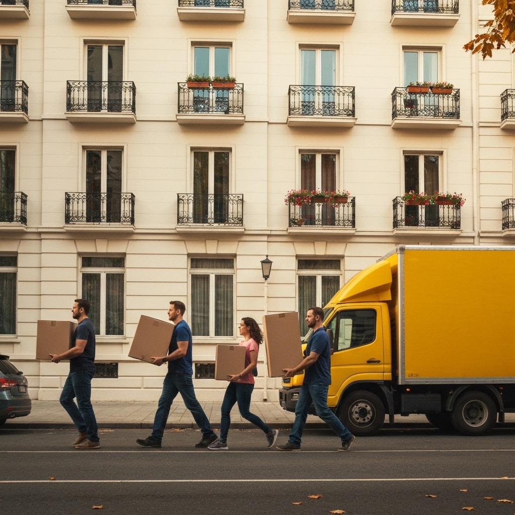 Umzug 63 Team beim Tragen von Umzugskartons vor Berliner Wohnhaus